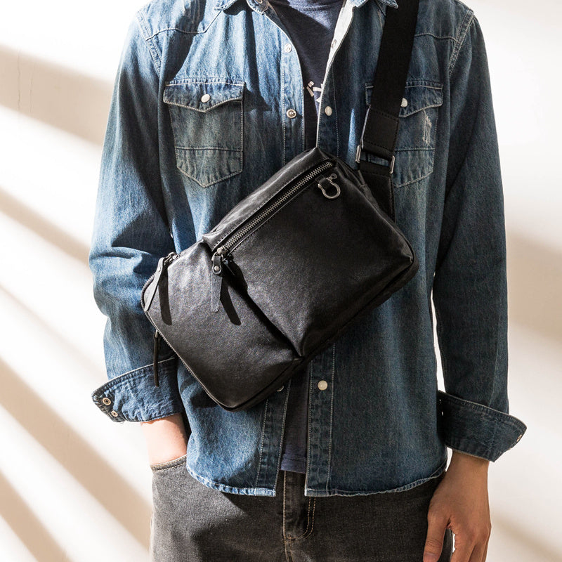 Leather Men's Black Shoulder Bag with Zipper, 26cm x 9cm x 18cm