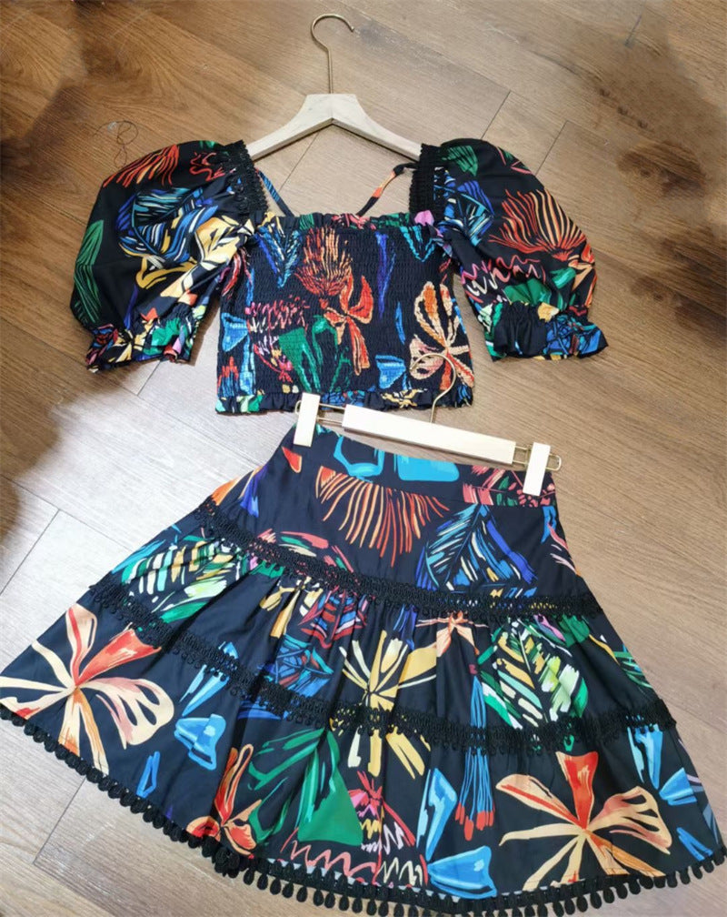 Women's Printed Square Neck Puff Sleeves High Waist Slim Top Skirt Set