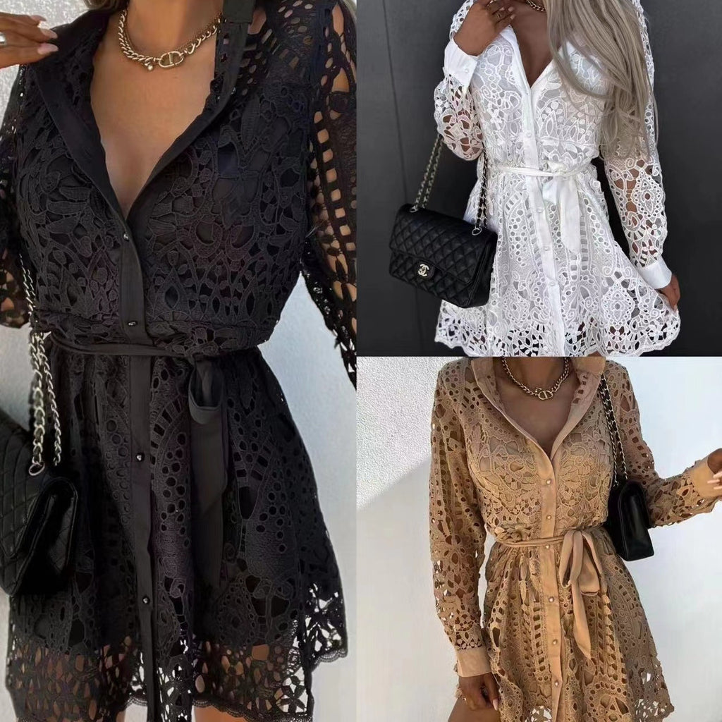 Elegant Temperament Lace Mini Dress with Belt