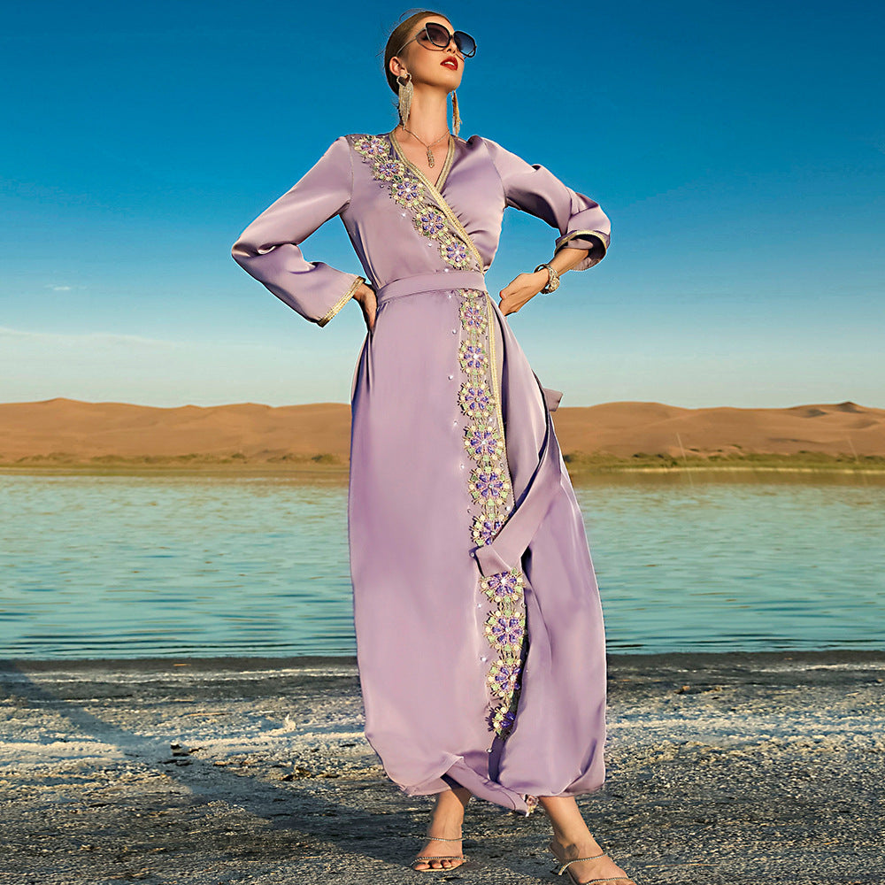 Fog Purple New Heavy Industry Hand Sewn Diamond Middle East Dress