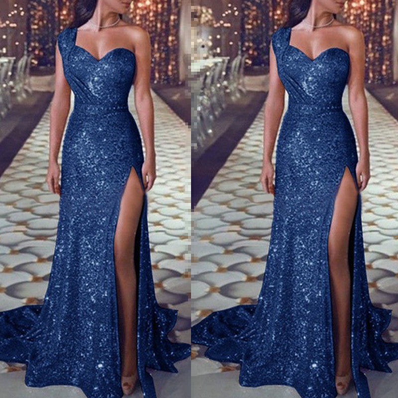 women's sexy one-shoulder sleeveless bronzing dress slit long skirt