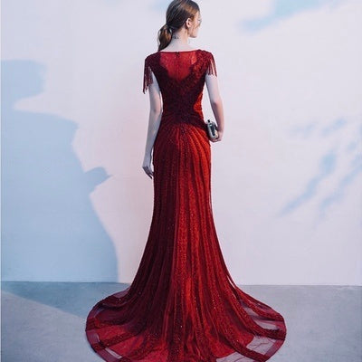 Robe de soirée de mariée sirène bordeaux à manches longues