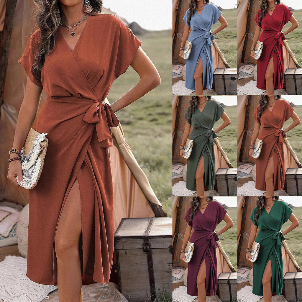 Robe portefeuille à bretelles de couleur unie pour femme, mi-longue, mode décontractée