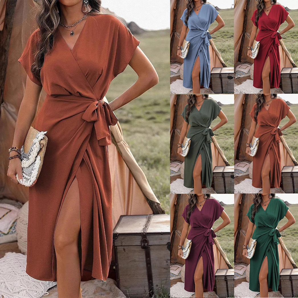 Women's Solid Color Wrap Suspender Dress Mid-Length Commuting Fashion