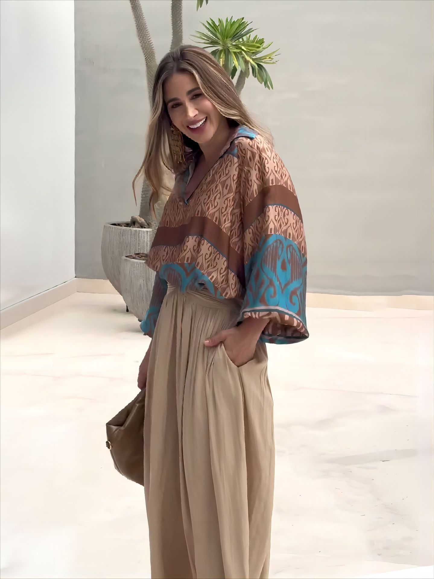 Positioning Printed Top Wide Leg Pants Two-piece Set