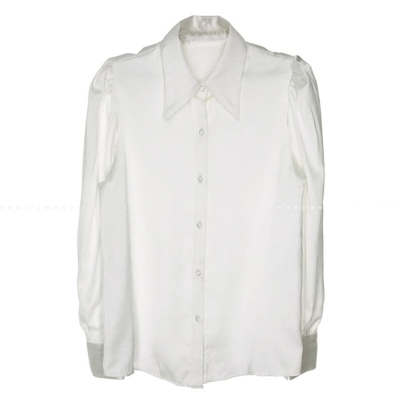 Women’s Puff Sleeve Lapel Loose White Cotton Blouse Shirt
