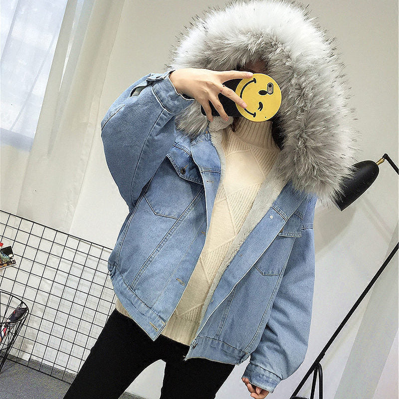 Plush Padded Cotton Denim Jacket with Long Sleeves