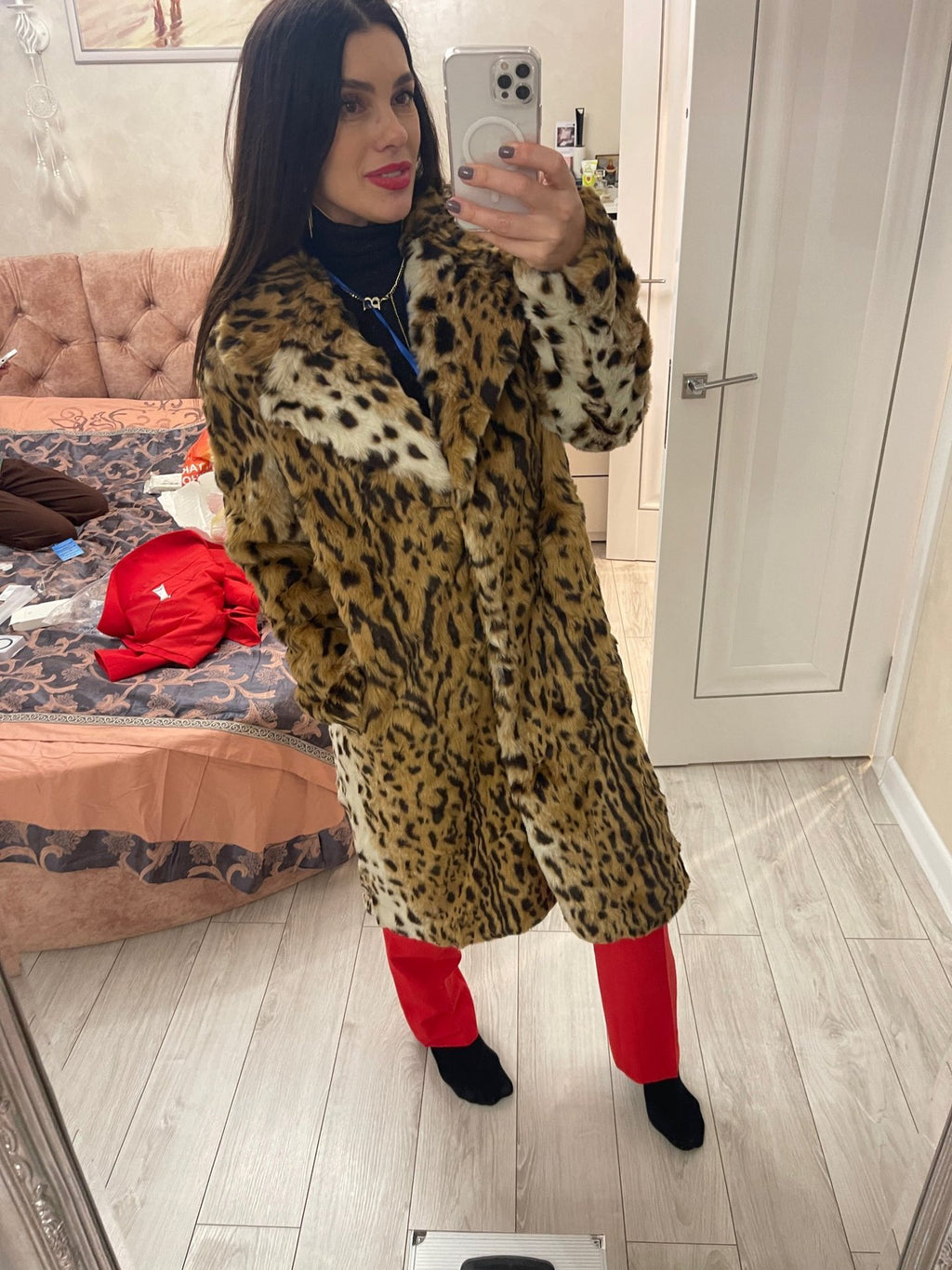 European & American Leopard Print Faux Fur Coat with Extended Wool