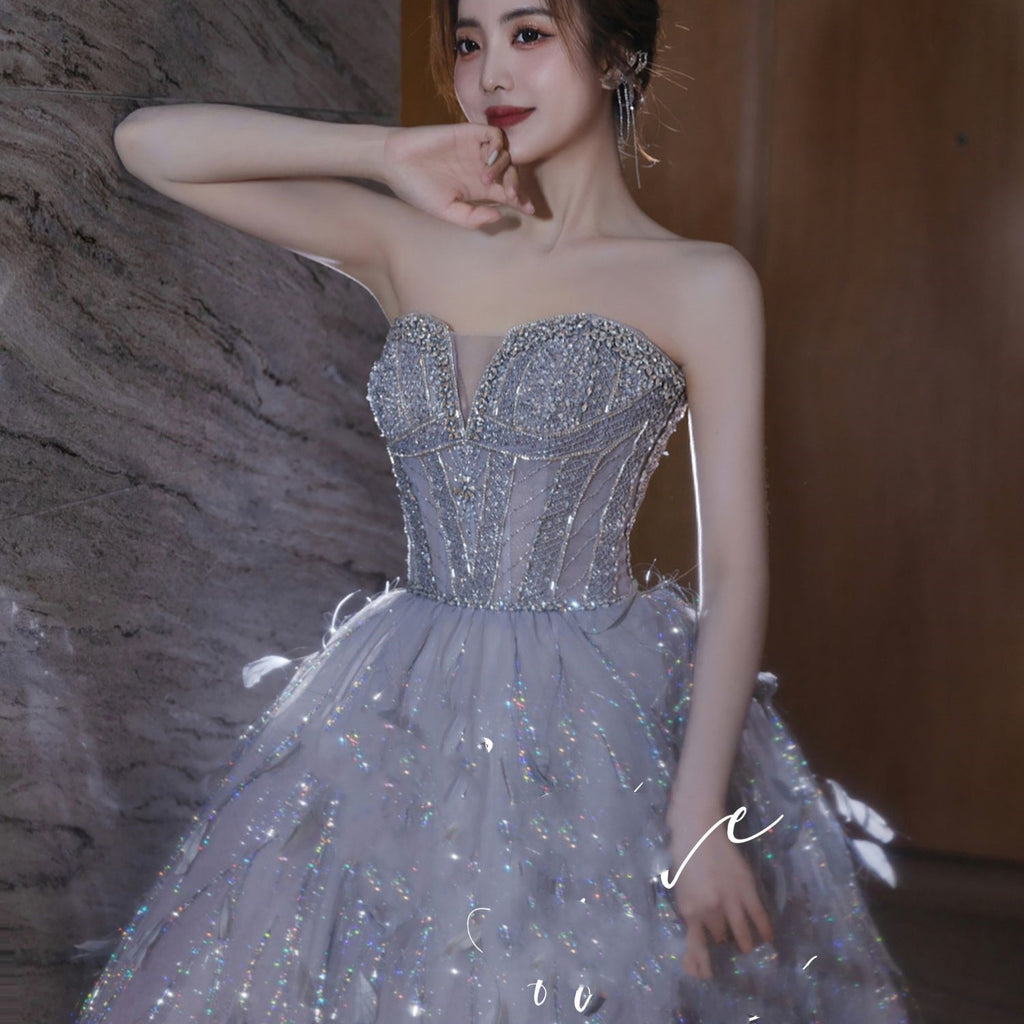 Robe de mariée de luxe haut de gamme, gris-bleu clair, style princesse, pour fiançailles