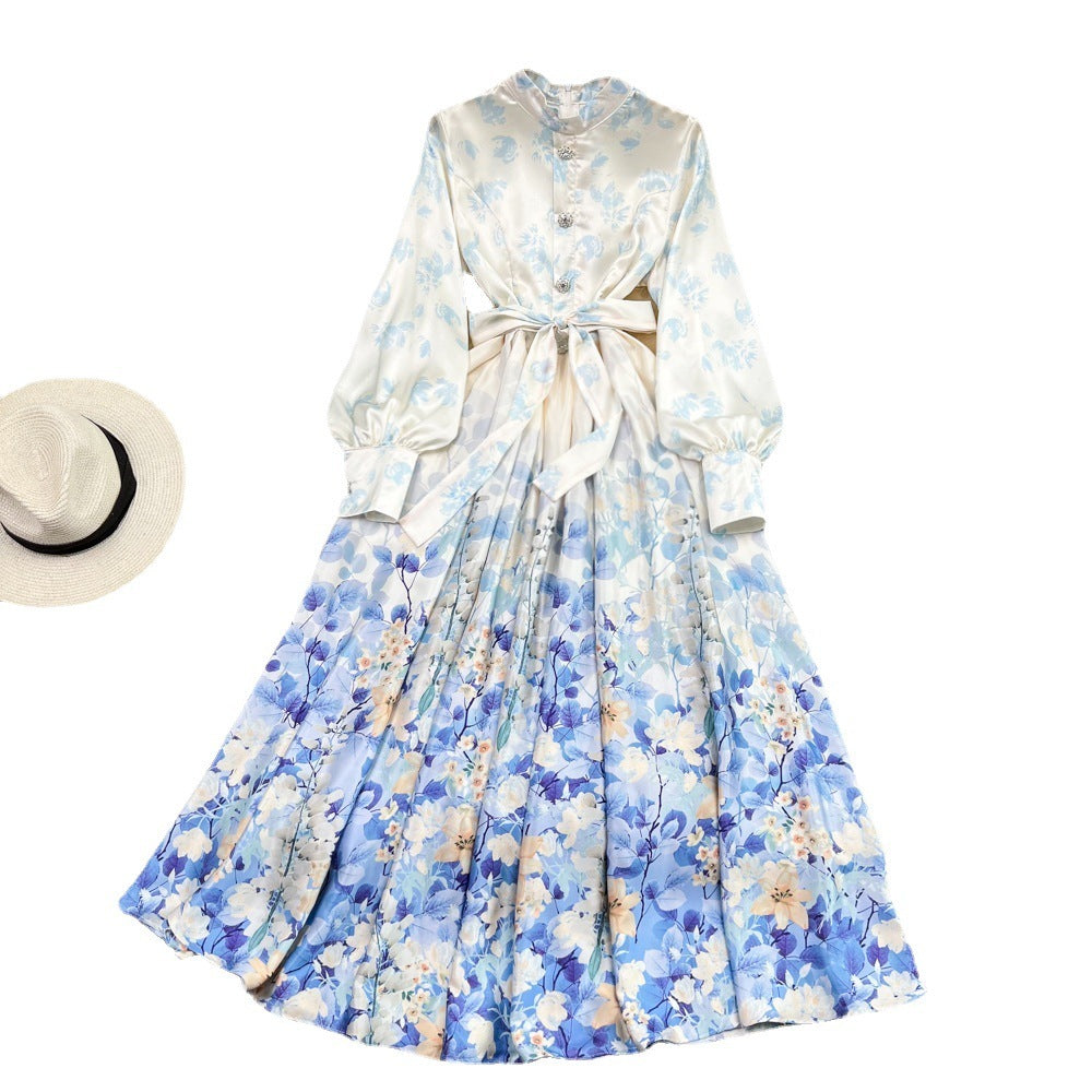 Stand Collar Stitching Floral Chiffon Dress