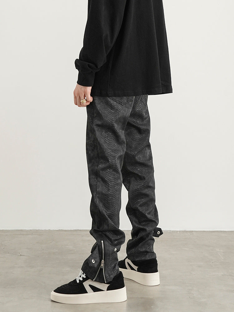 Black Snakeskin PU Button Straight Leather Pants
