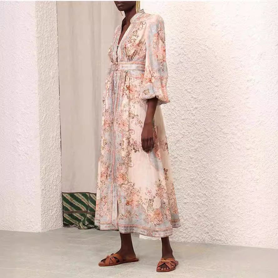 Vintage Printed Linen Single-Breasted Long Sleeve Dress in Blue, Green, Dark Blue, Pink