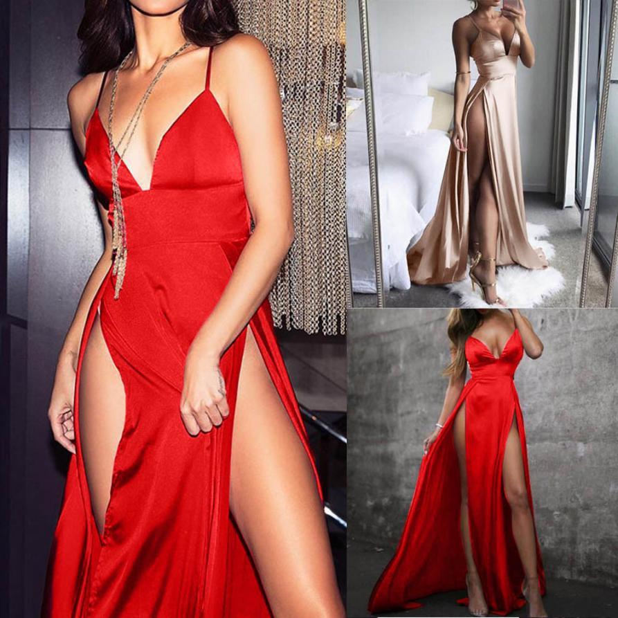 Robe longue fendue sans manches en satin pour femme, idéale pour les soirées et les clubs