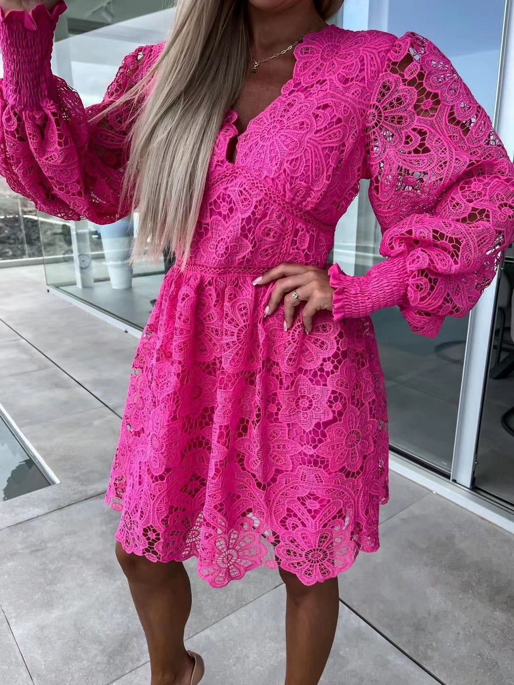 Sexy Hollow Lace Embroidered V-Neck Medium Dress for Commute