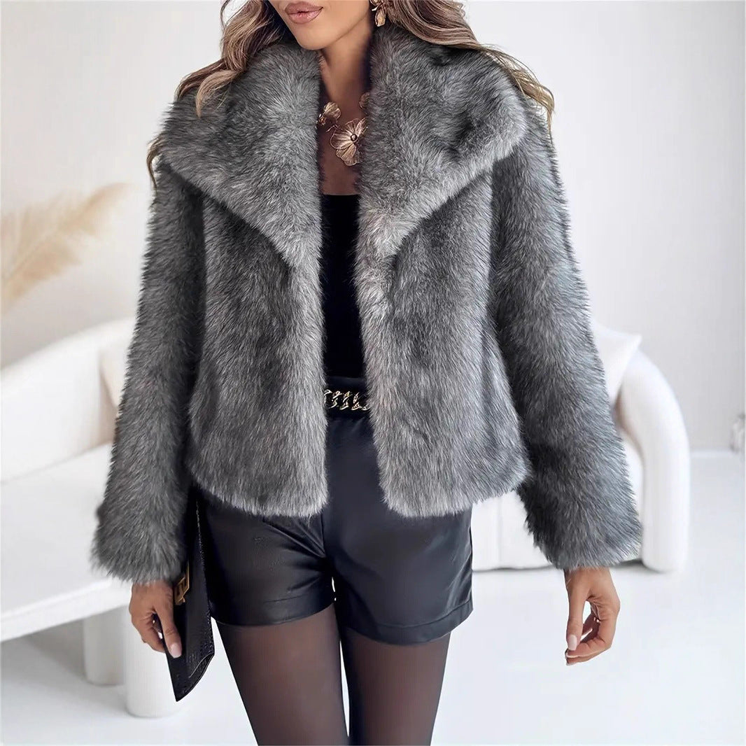 Gradient Dyed Pointed Lapel Long Sleeve Faux Fur Coat with Fur Collar