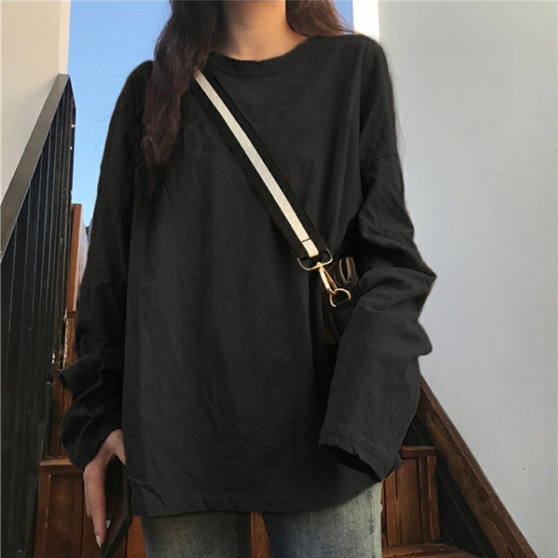 Women's White Long-Sleeve Solid Color Milk Silk T-Shirt