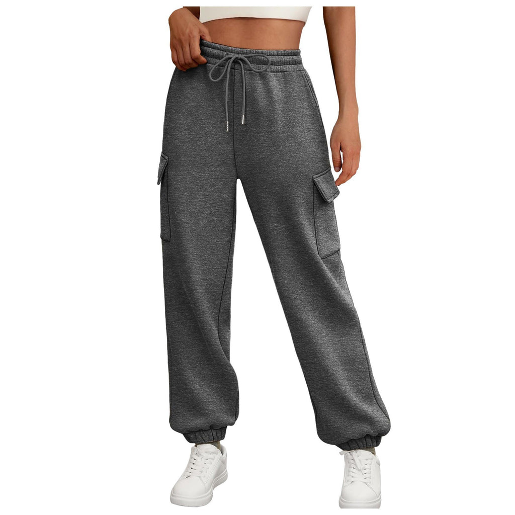 High Waist Casual Straight-Leg Pants with Side Pockets and Elastic Waistband