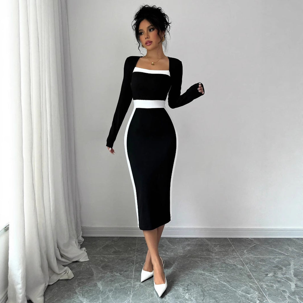 Robe noire élégante moulante à col carré et manches longues pour femme