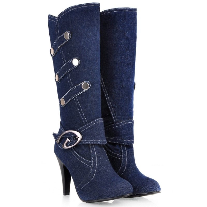 Bottes vintage à talons hauts aiguilles en tissu pour femmes - Noir et bleu, Pointures 34-48