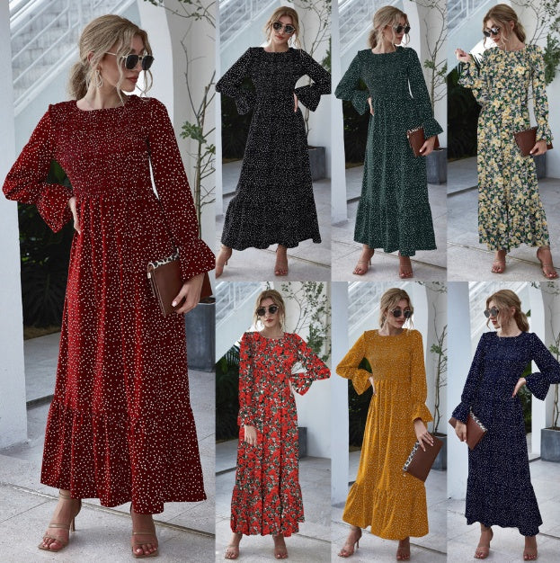 Polka Dot Long Sleeve Cotton Blend Dress in Multiple Colors