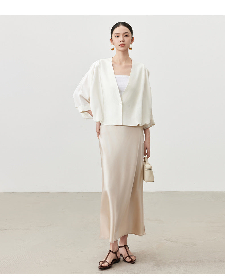 Women's Elegant Silk High Waist A-Line Skirt in Champagne & Black