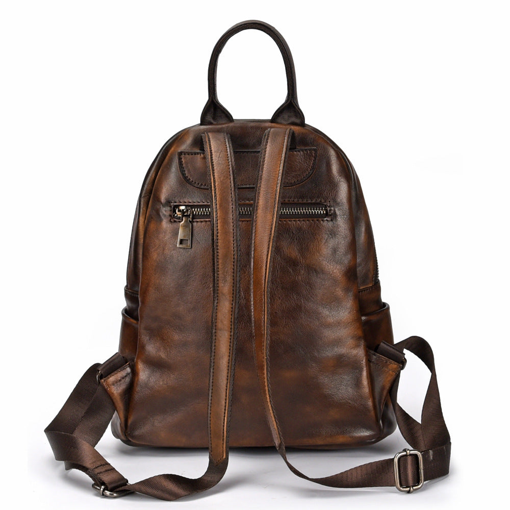 Women's Retro Leather Backpack Medium 20-35L Zipper Closure