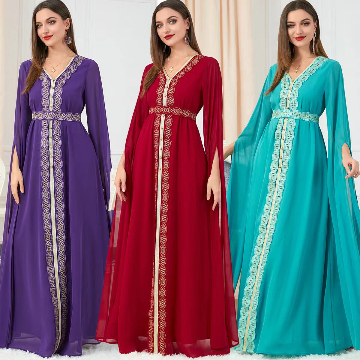 Robe de soirée élégante à col en V ethnique avec épissure en rose, vert et violet