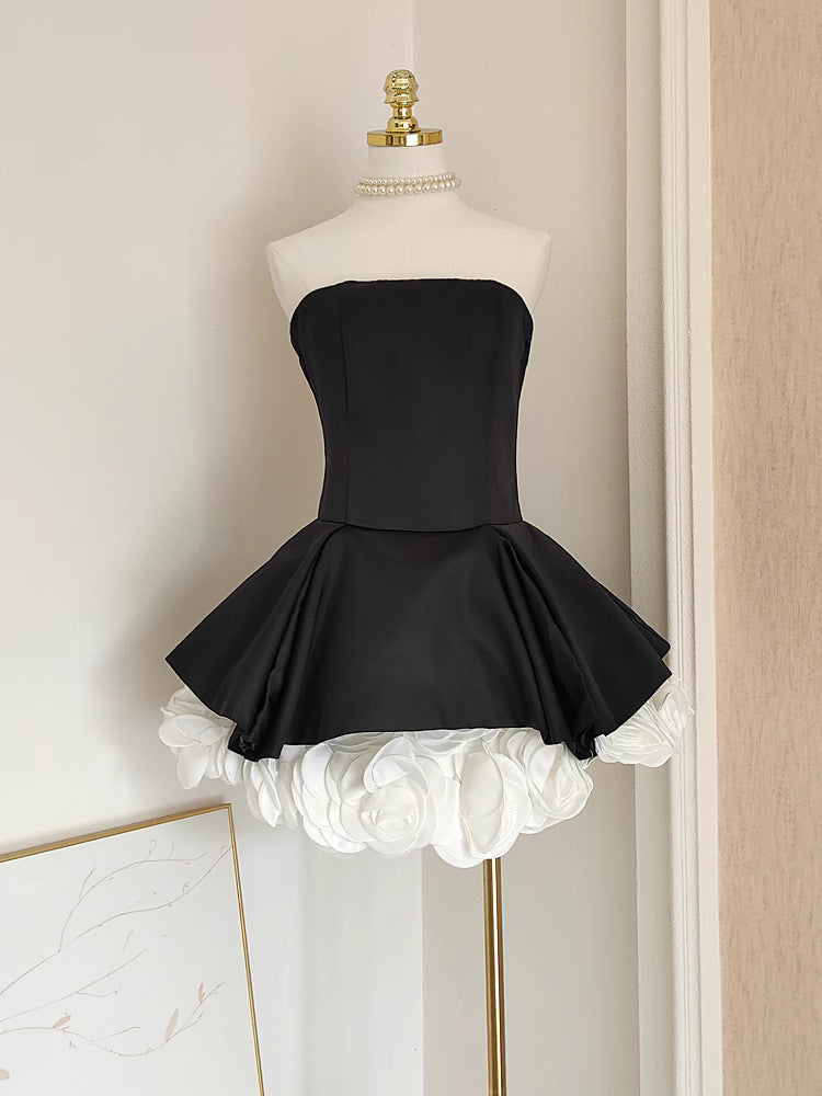 French Hepburn Style Black And White Contrast Color Three-dimensional Flower Waist-controlled Slim Fit Slimming Pettiskirt