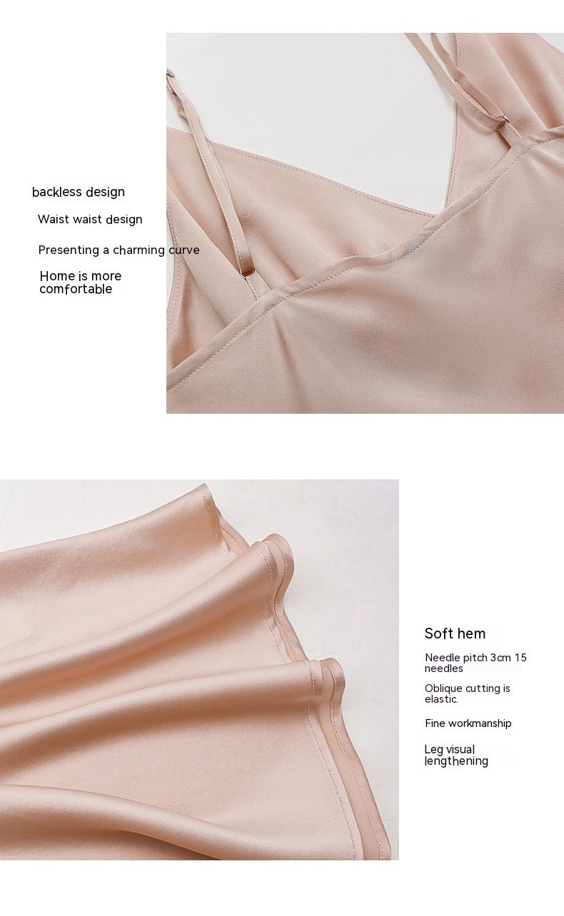 Silk Camisole Nightdress Two-Piece Set Light Apricot Pink M-XL