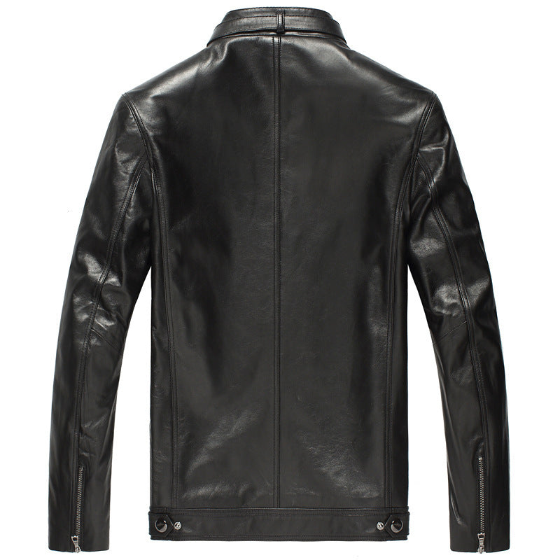 Men's Fit Sheepskin Leather Jacket with Stand-Up Collar and Zipper Closure