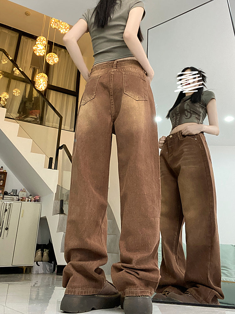 Brown Coffee Women's Straight Loose Wide-Leg Jeans Pants