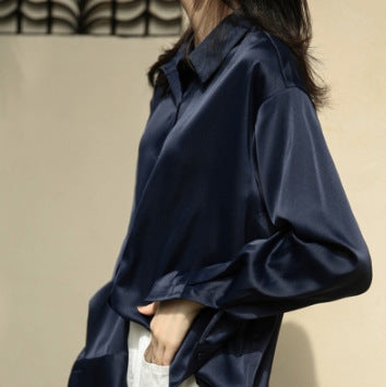 Women's Long-Sleeve Satin Shirt in Pearly White, Green, Apricot & Black