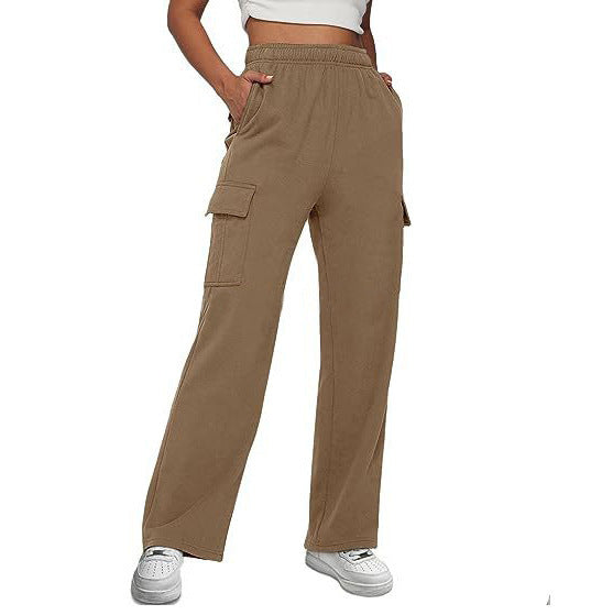 Women's High Waist Pocket Overalls Casual Pants Polyester