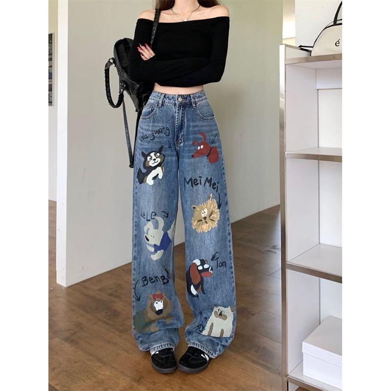Jean taille haute en jean bleu avec graffitis style rétro américain pour femmes