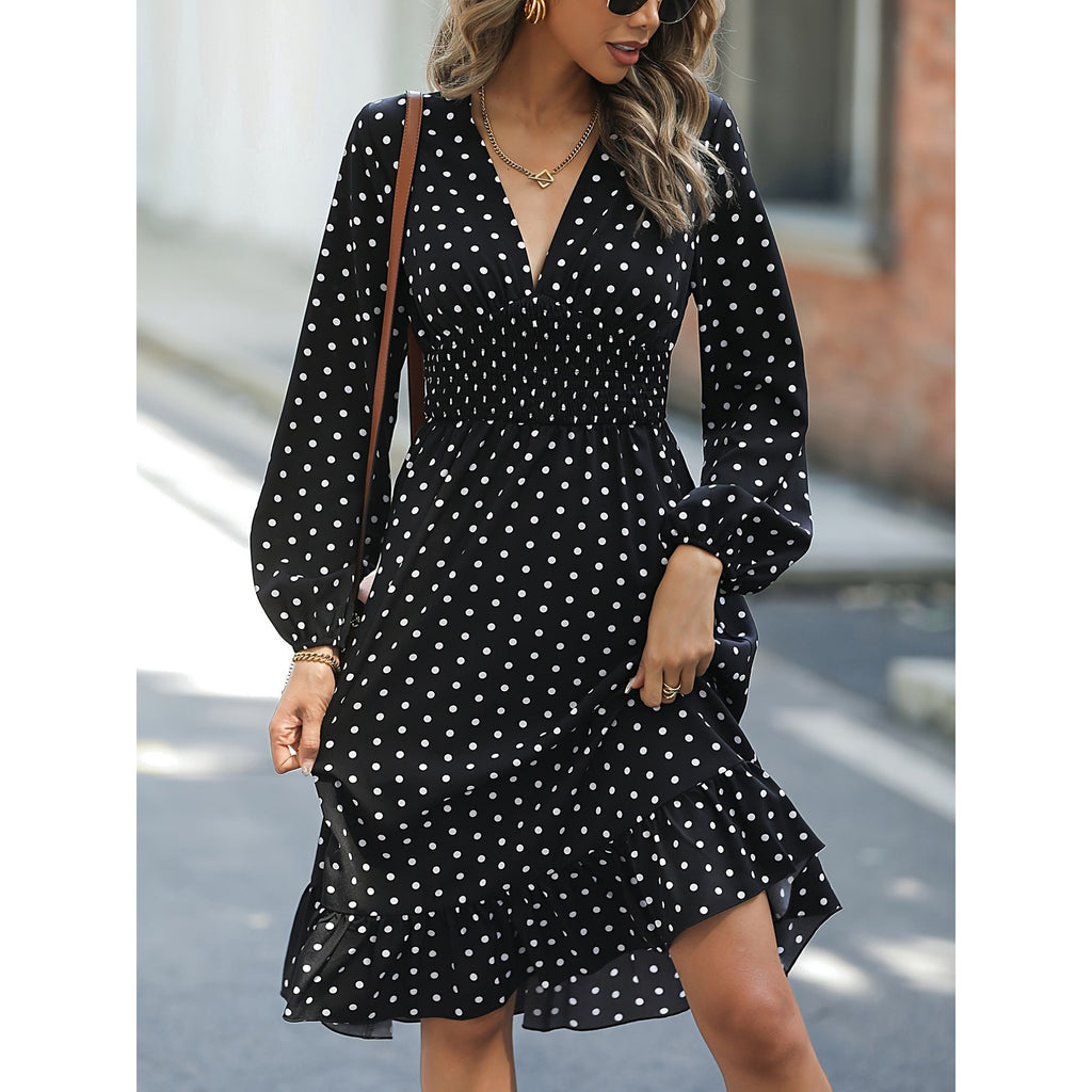 European & American Waist Slimming Polka Dot Long Sleeve Dress
