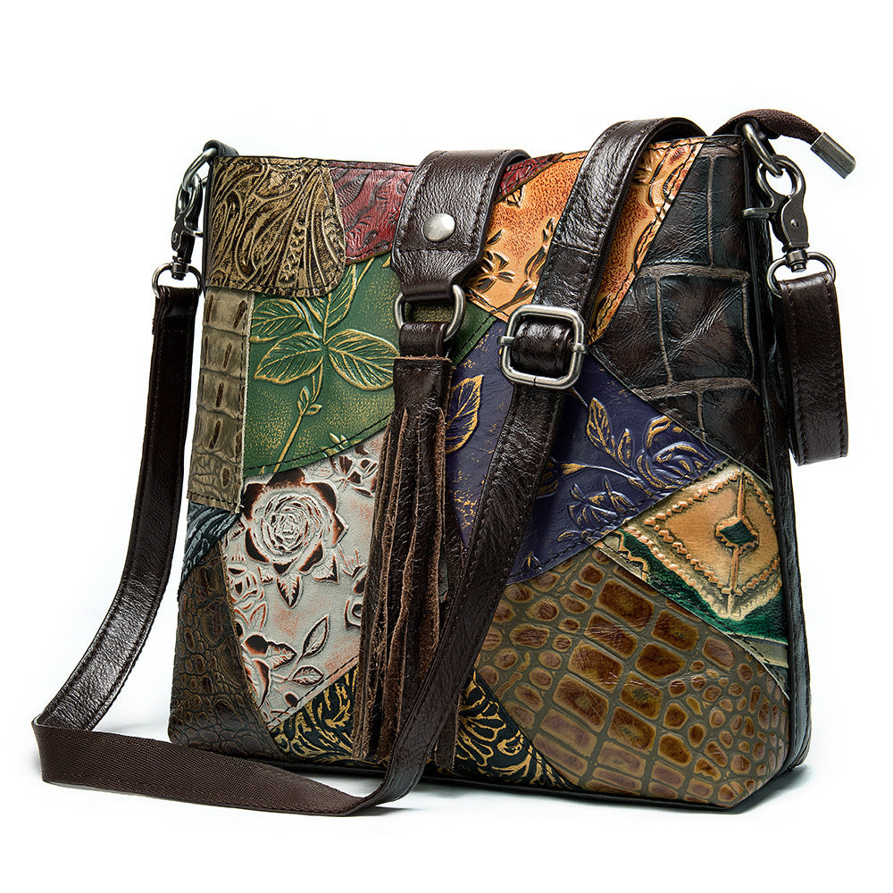 Top Layer Cowhide Square Tassel Color Block Shoulder Bag 23.5x7.5x23cm
