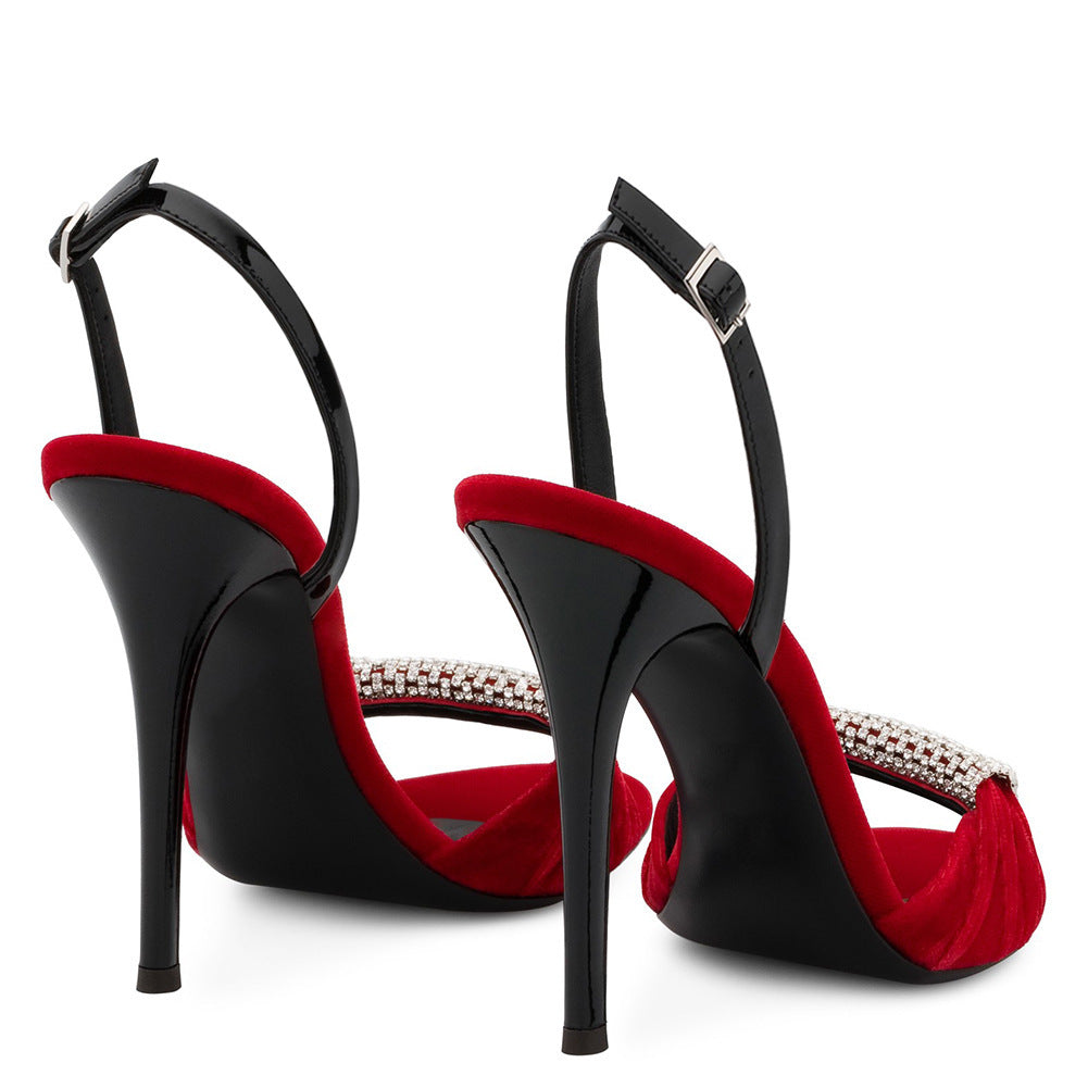 European & American Black & Red Velvet Rhinestone High Heel Sandals