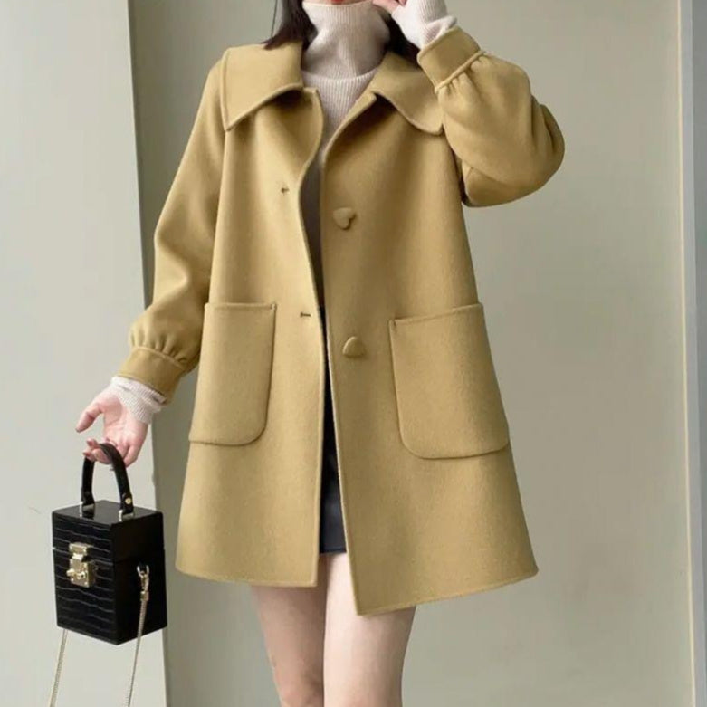 Slim Fit Medium Woolen Coat with Heart Buckle & Peter Pan Collar for Women