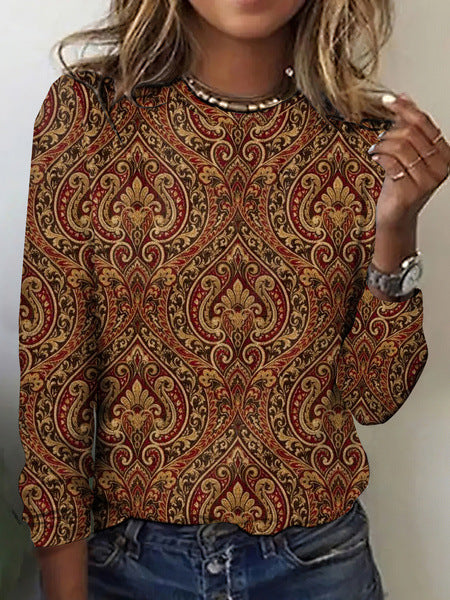 Women's Fashion 3D Digital Printed Round Neck Long-sleeved T-shirt