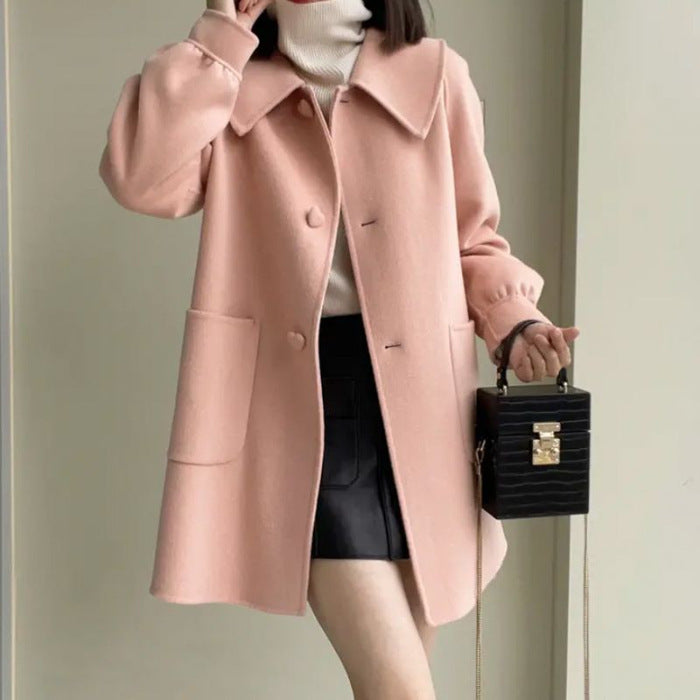 Slim Fit Medium Woolen Coat with Heart Buckle & Peter Pan Collar for Women