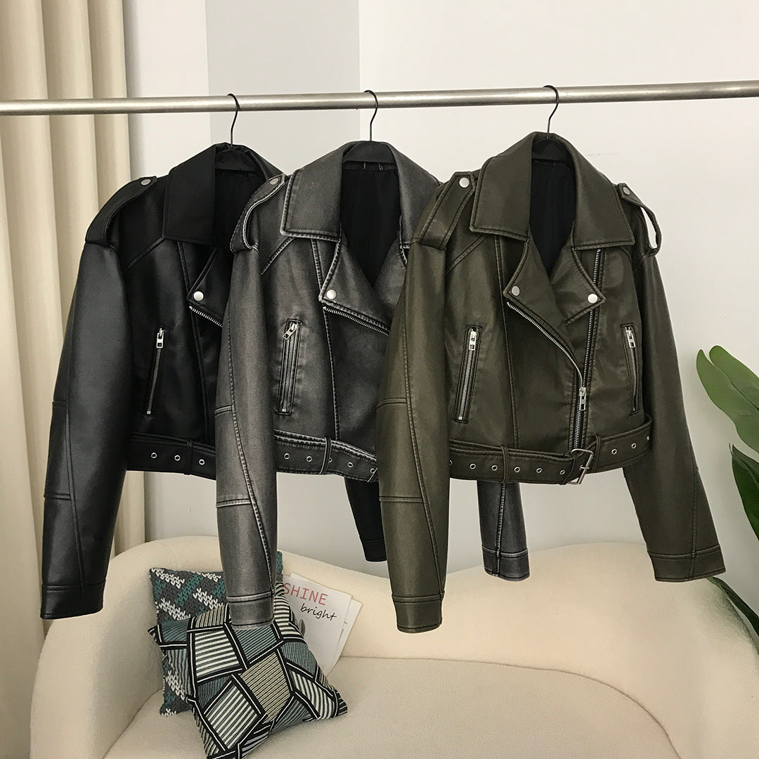Spring & Autumn Women's Two-Color Washed PU Leather Motorcycle Jacket Slim Fit