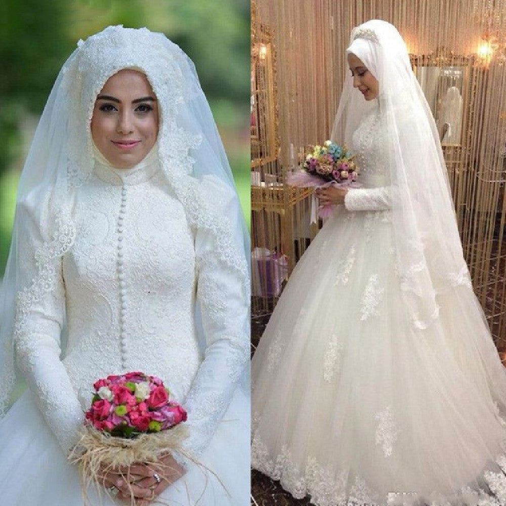 Women's Milky White Lace Hijab Wedding Dress High Waist Polyester