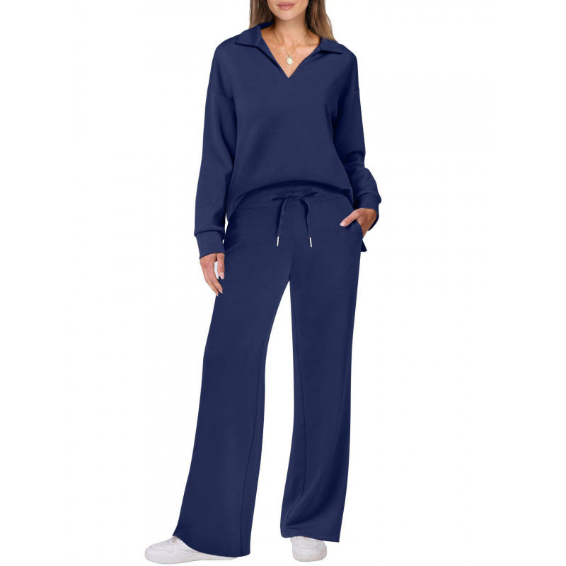 Women's V-Neck Tracksuit Set Long Sleeve Pullover & Drawstring Straight-Leg Trousers Solid Colors