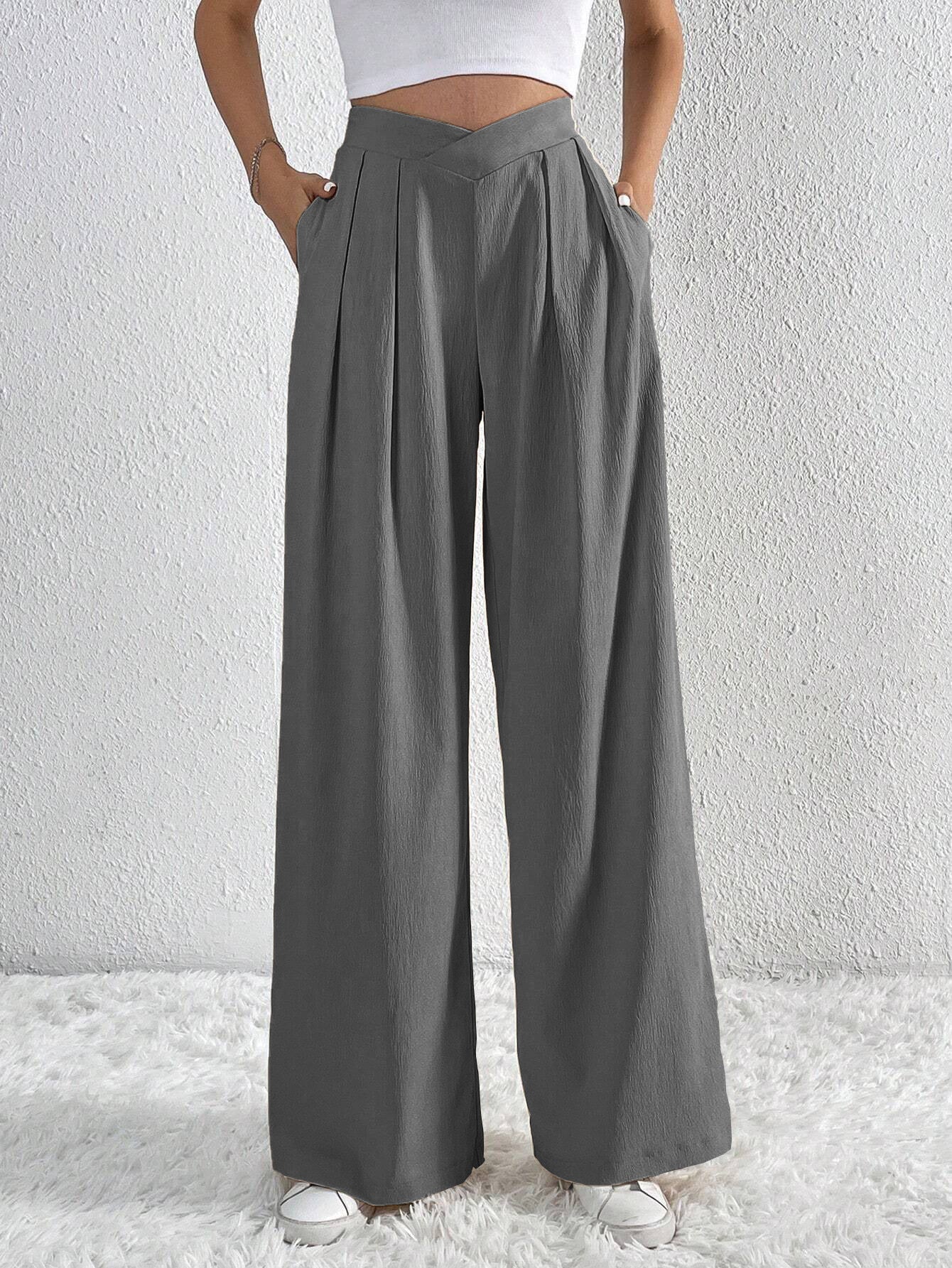 Summer Solid Color Pleated Wide-Leg Casual Pants for Women