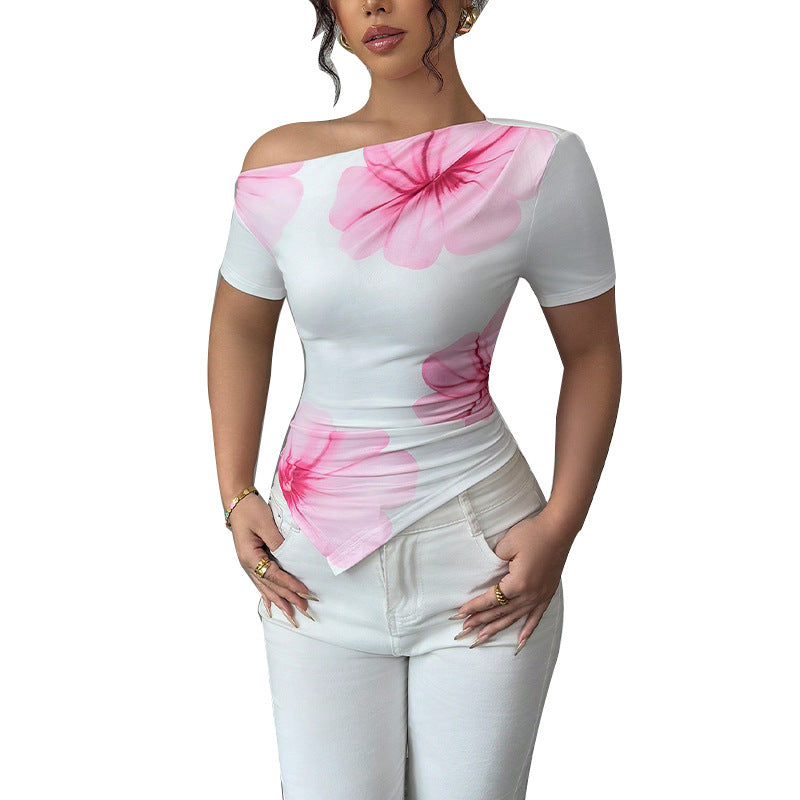 European & American Slim Creamy-White Irregular Shoulder Short Sleeve T-Shirt