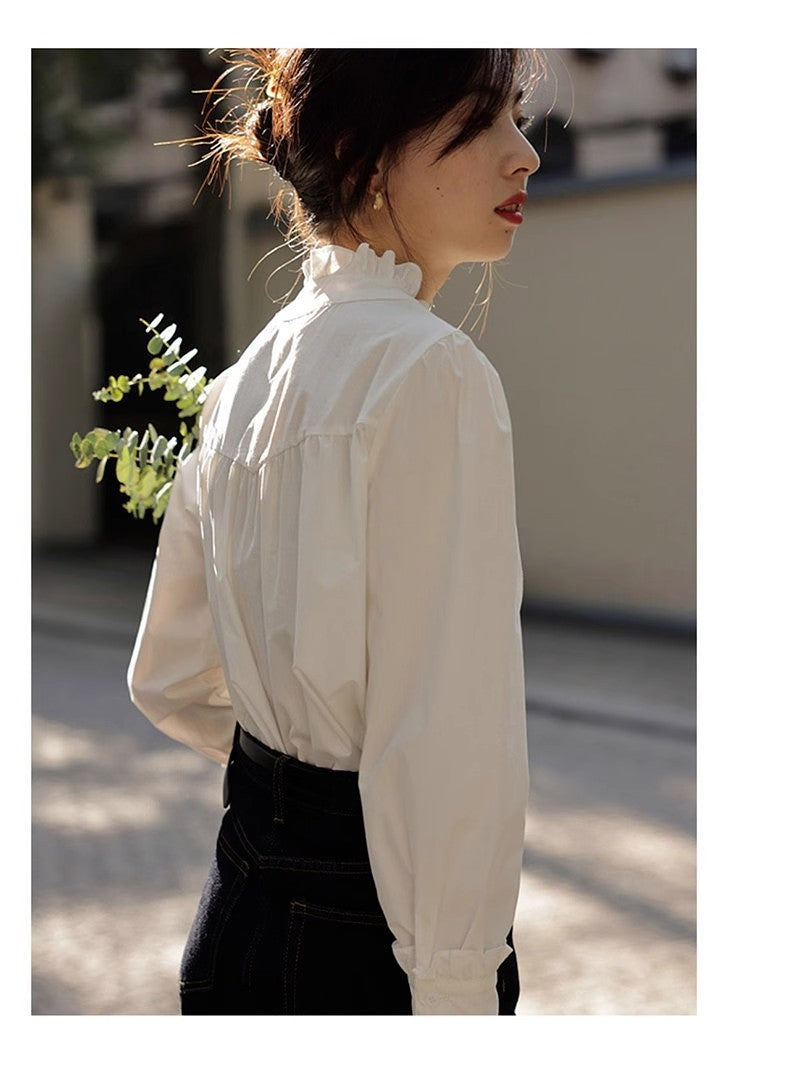 Chemise en polyester à col en dentelle blanche pour femme