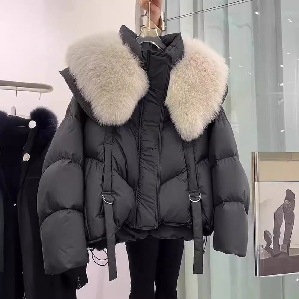 Manteau d'hiver matelassé en coton noir avec col en fourrure pour femme