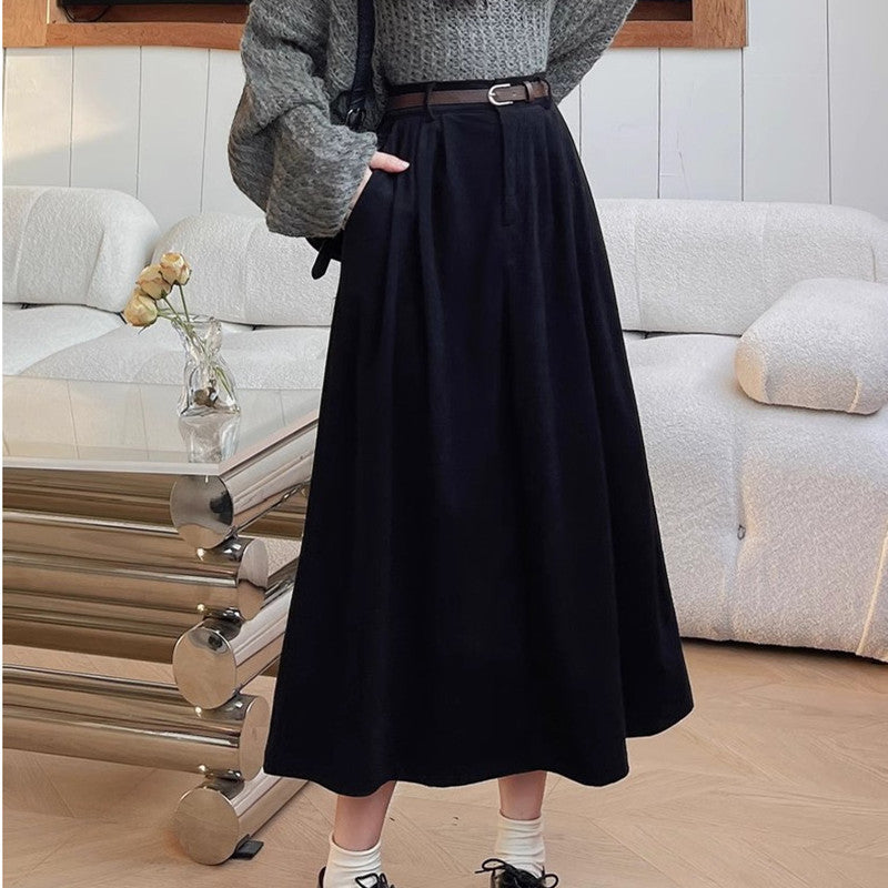 Women's Autumn Winter High Waist Slimming Retro A-Line Skirt with Big Hem