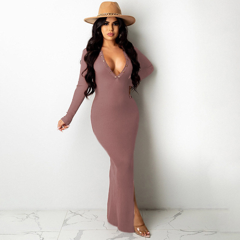 Backless Lapel Dress with Long Sleeves and Slit Midi Skirt