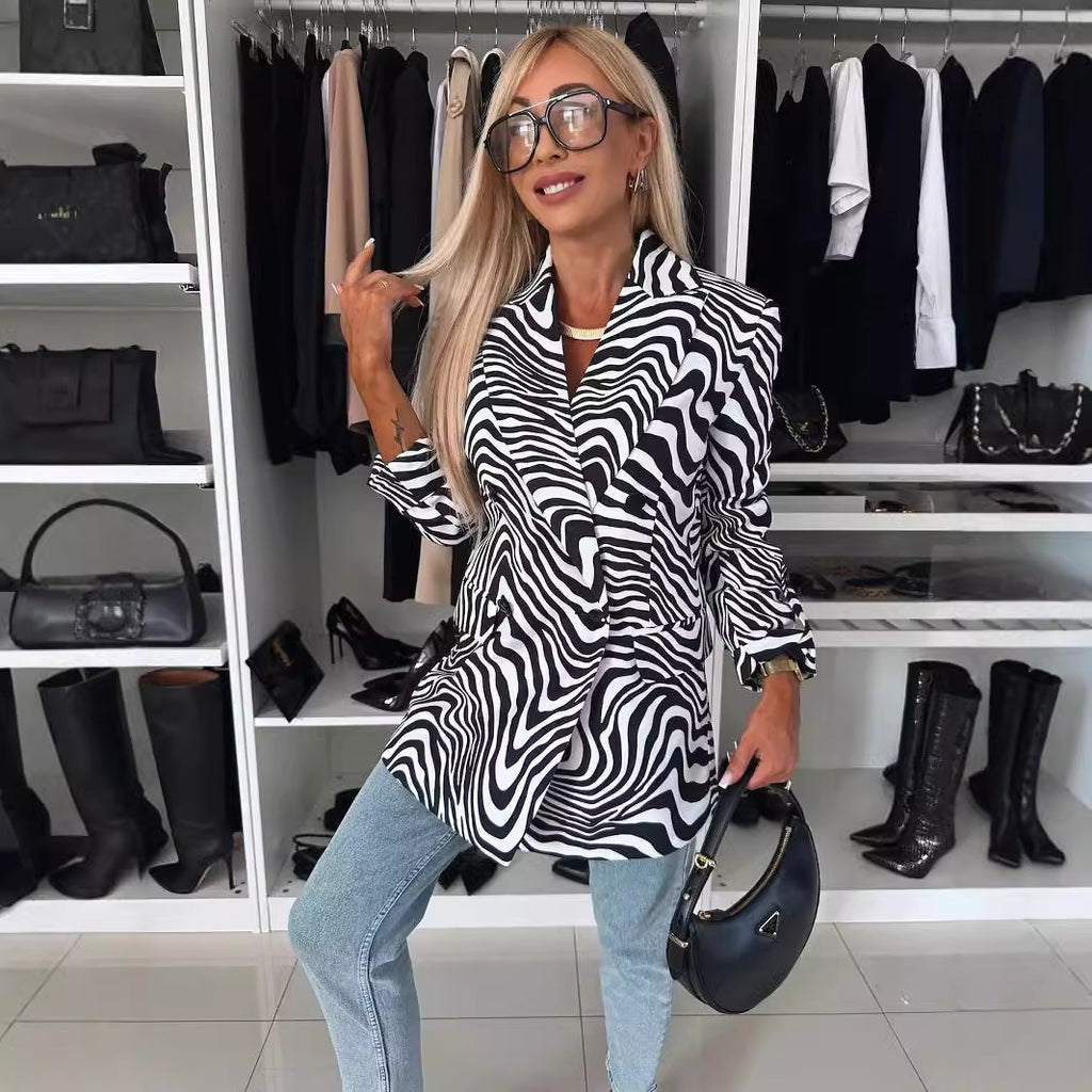 Women’s Zebra Print Long Sleeve Suit Coat Polyester